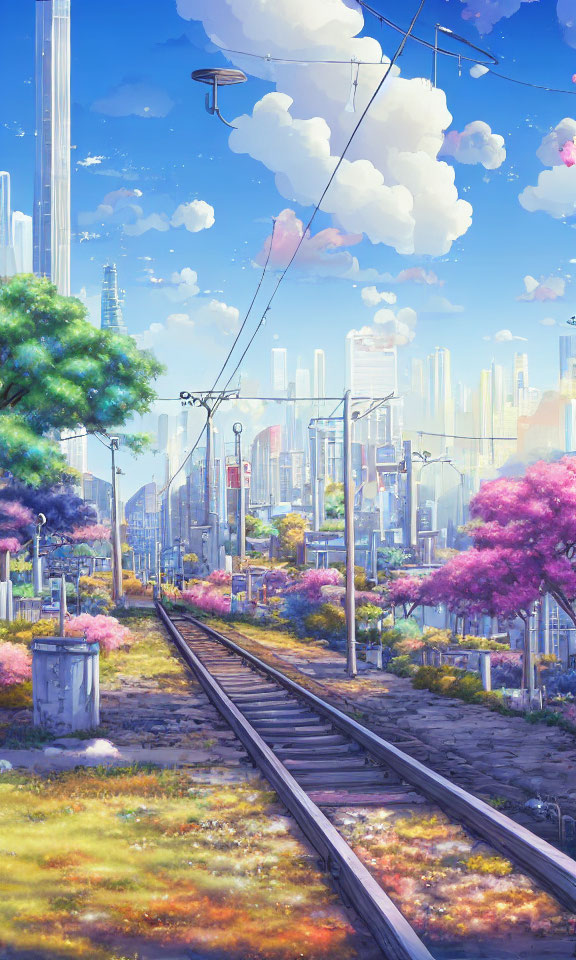 Futuristic cityscape with train track, skyscrapers, and trees
