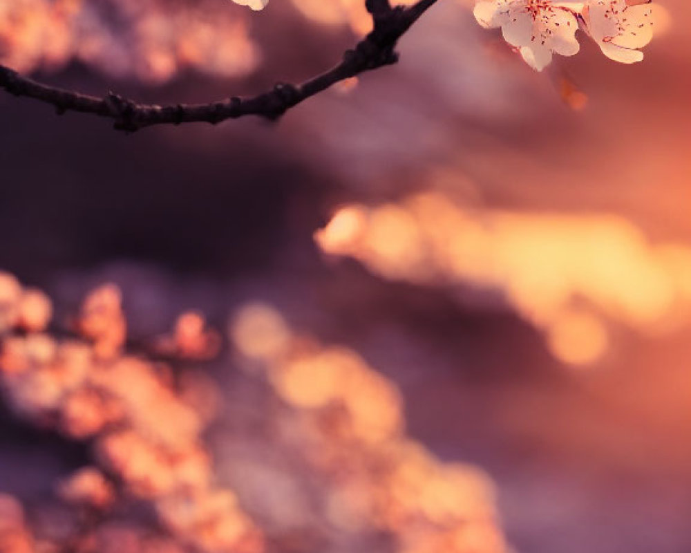 Blooming cherry blossoms on soft-focus background with warm pink and orange hues