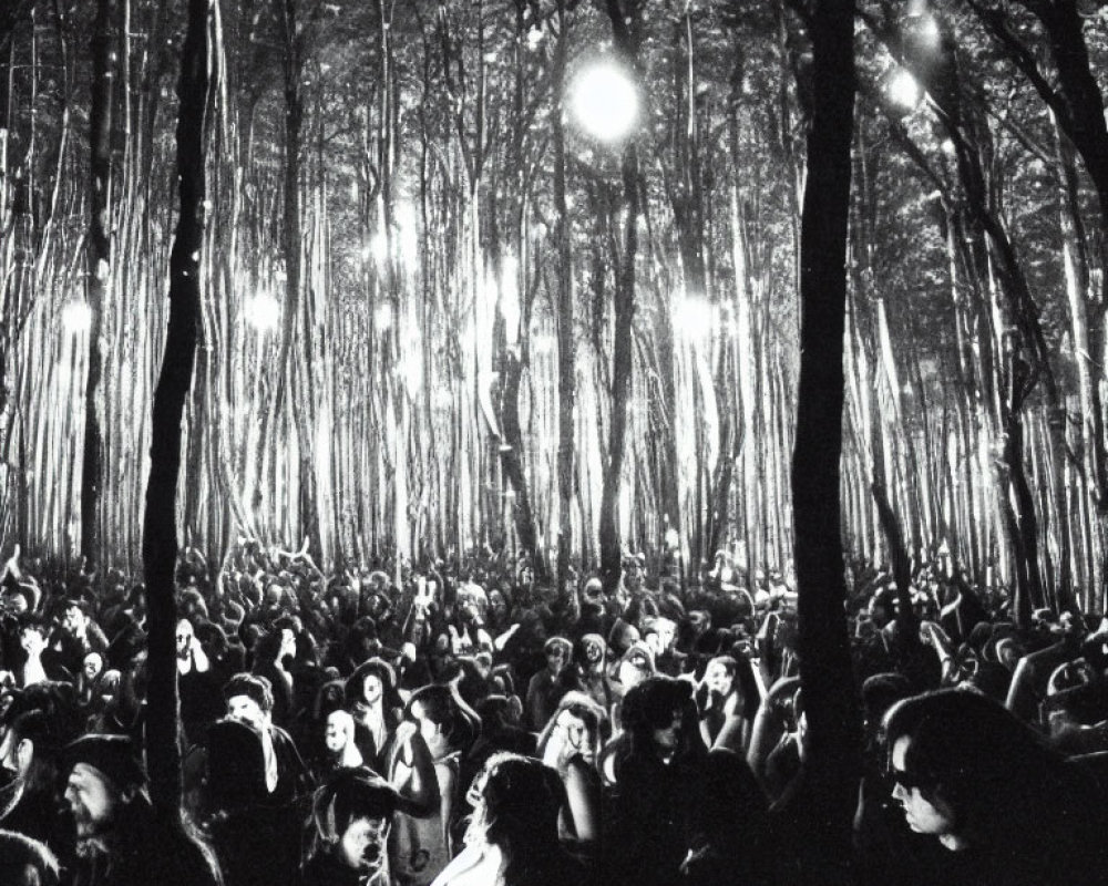 Monochrome image: Dense forest with tall trees, crowd of people at night