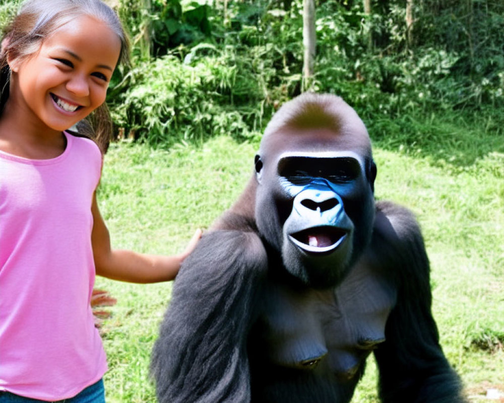 Girl in pink top standing next to gorilla in lush green setting