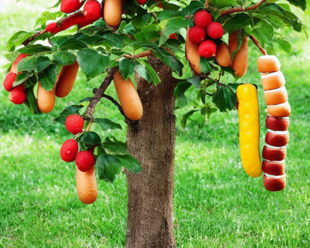 Manipulated image: Tree with hot dogs, sausages, and tomatoes on branches