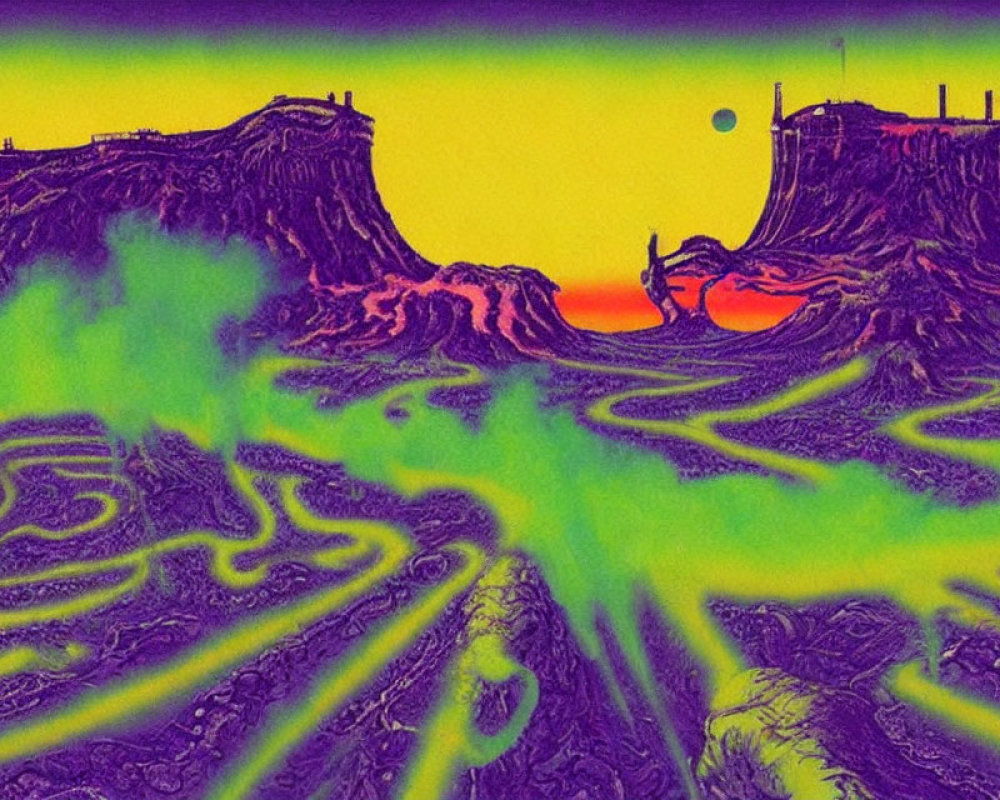 Vivid Purple and Yellow Psychedelic Landscape with Alien Sunset