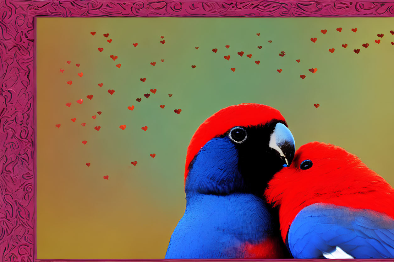 Colorful Parrots Kissing in Heart Background with Purple Frame