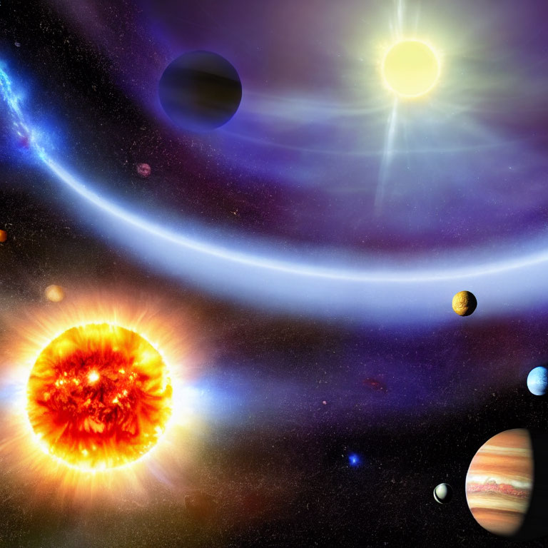 Colorful space scene with sun, planets, galaxy arc, and bright star