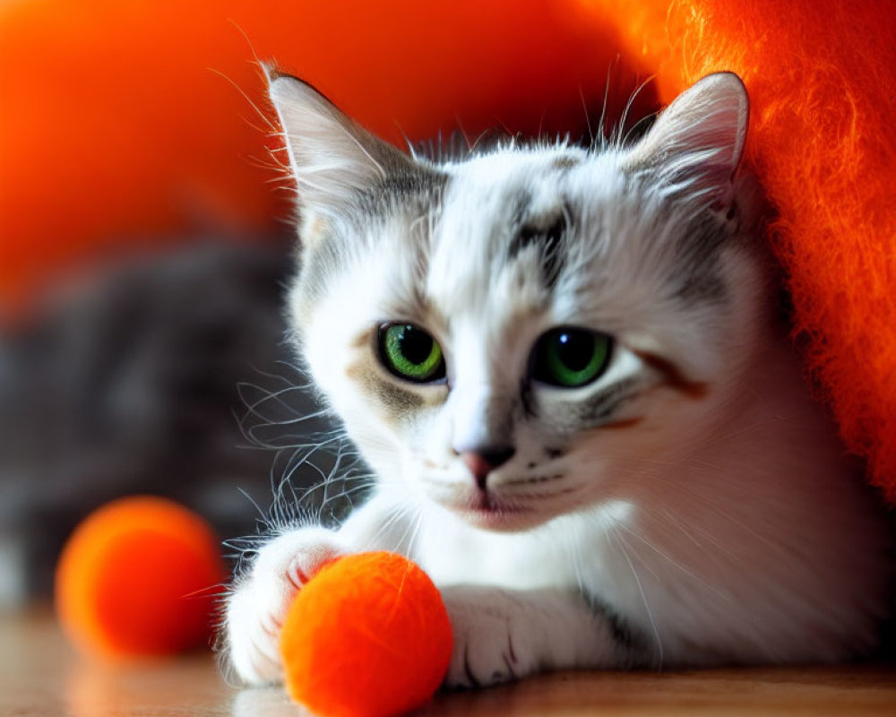 White Kitten with Grey Spots and Green Eyes Next to Orange Fluffy Object