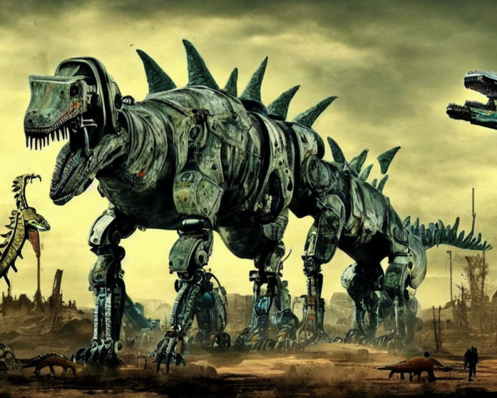 Dystopian landscape with intricate mechanical dinosaurs in murky backdrop