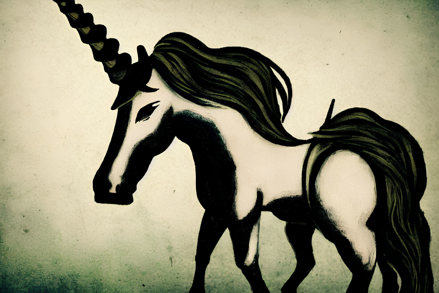 Profile view of unicorn with horn and flowing mane on textured background