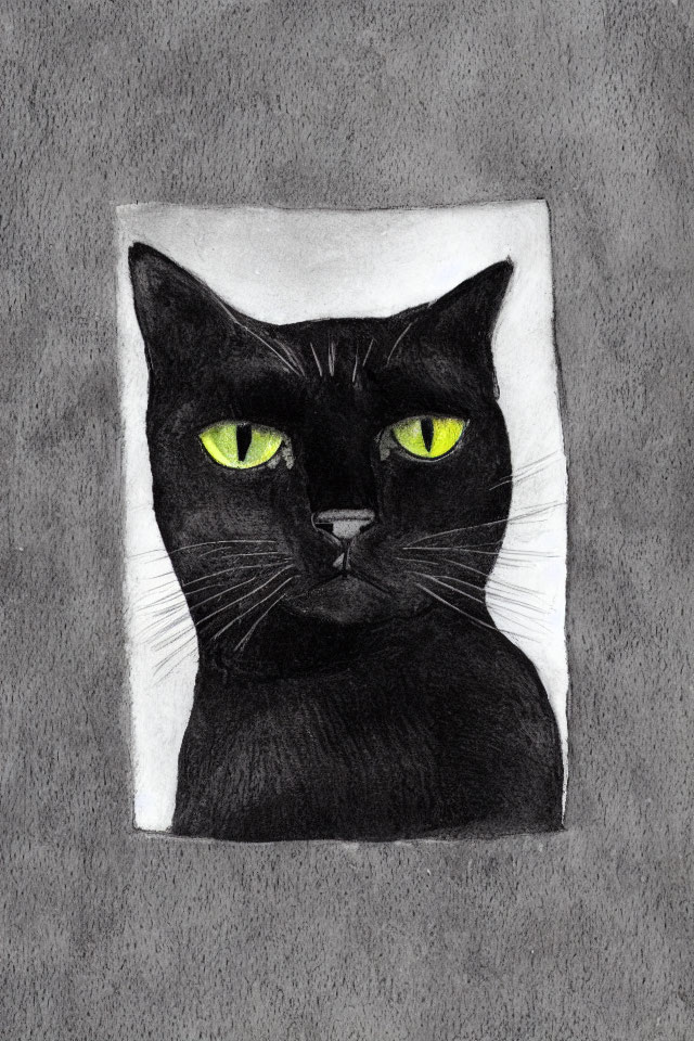Detailed Hand-Drawn Black Cat with Green Eyes on Grey Background