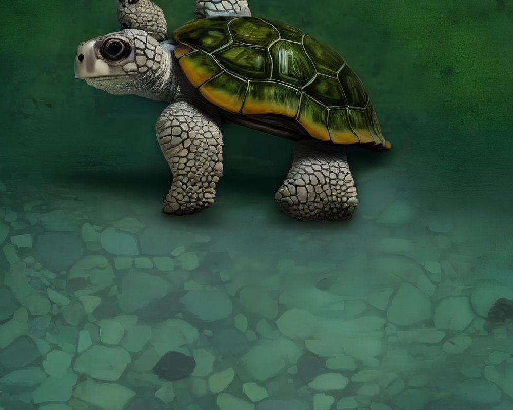 Detailed Tortoise Illustration with Realistic Shell and Skin Textures on Green Background