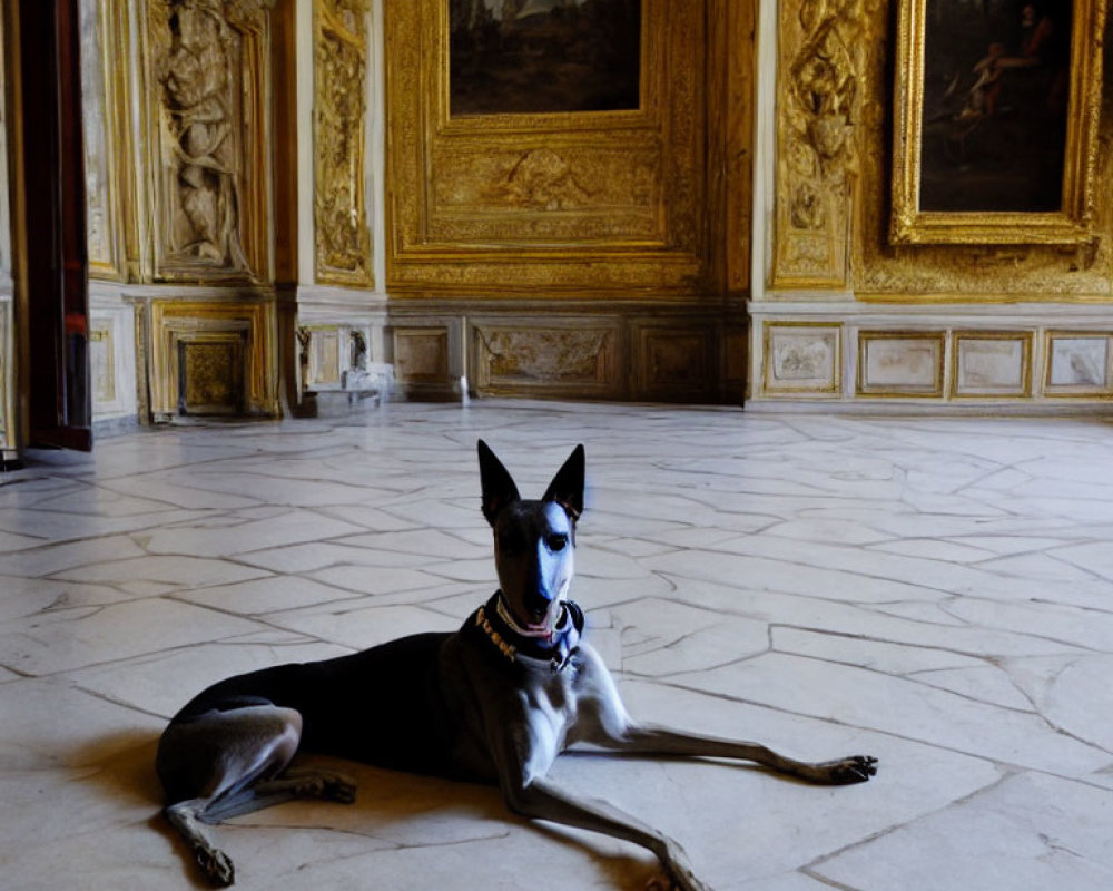 Black and white dog resting in ornate room with golden-framed artworks