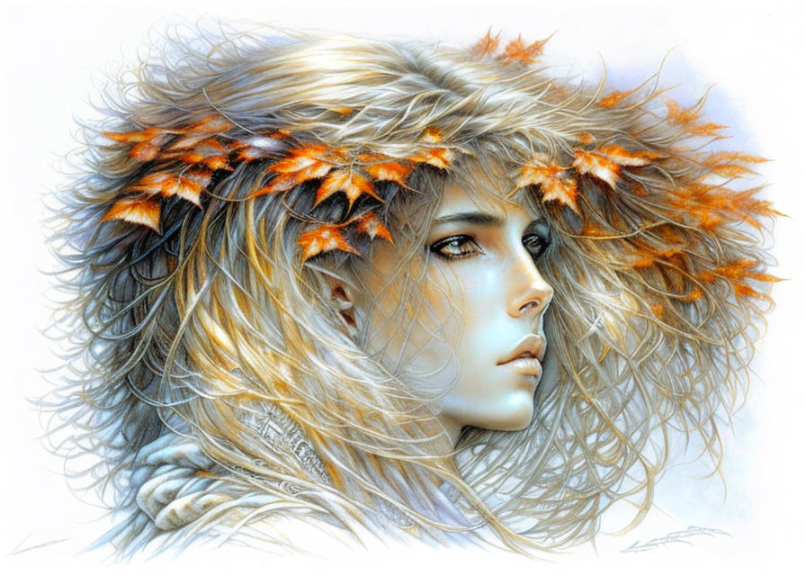 Fantasy illustration of person with blue eyes and fur-trimmed hood intertwined with autumn leaves