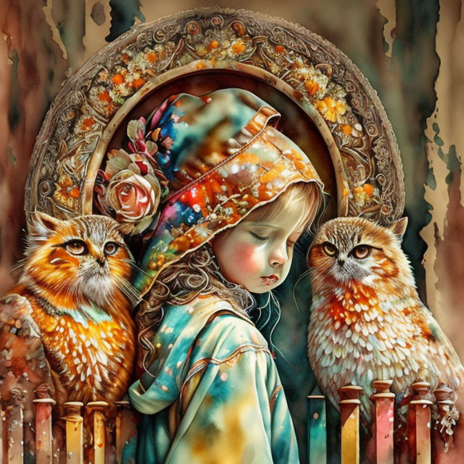 Portrait of girl with owls in floral scarf on vintage background