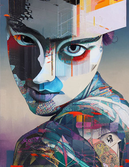 Vibrant Collage Artwork: Abstract Face Portrait in Colorful Fragmented Style