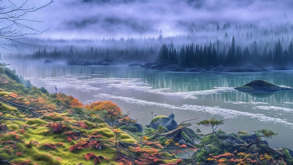 Misty lake with colorful foliage and forest backdrop