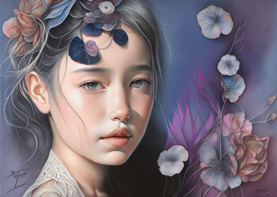 Serene young girl surrounded by ethereal flowers in soft purple and blue hues