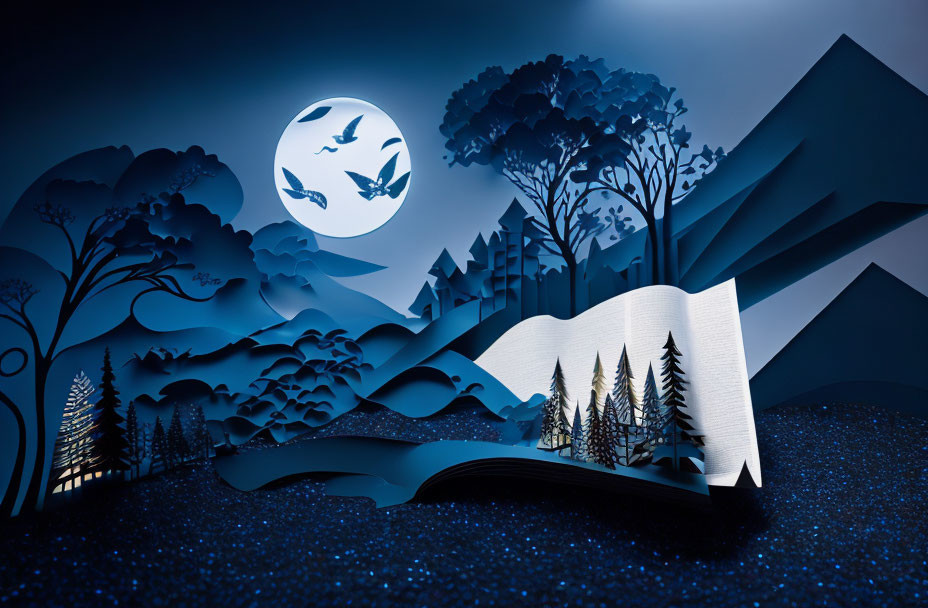 Open book with paper art forest under moonlit sky