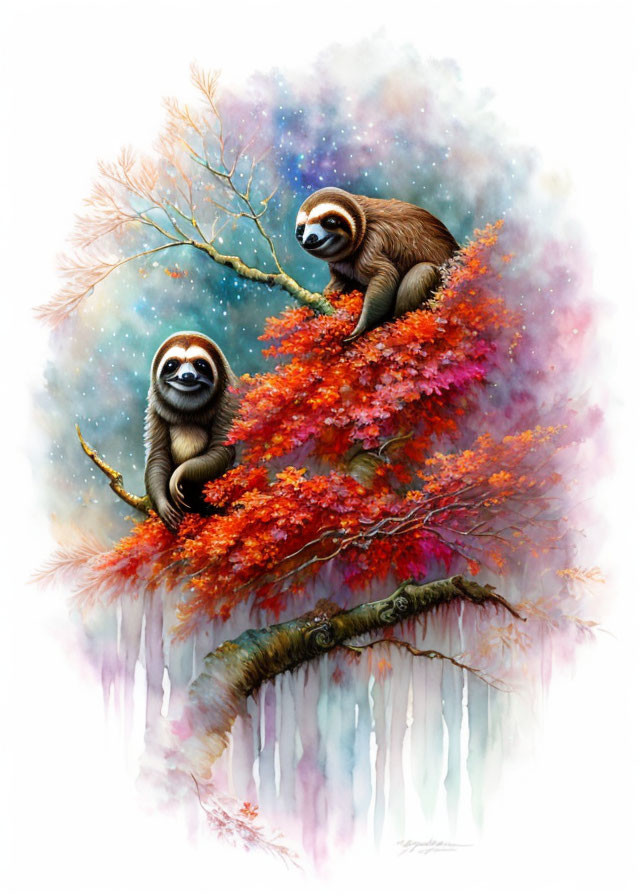 Stylized sloths on autumn branches with whimsical background
