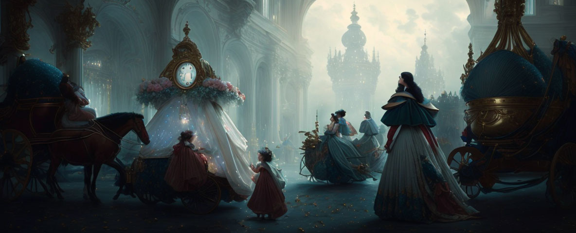 Woman in ball gown near pumpkin carriage in opulent castle environment