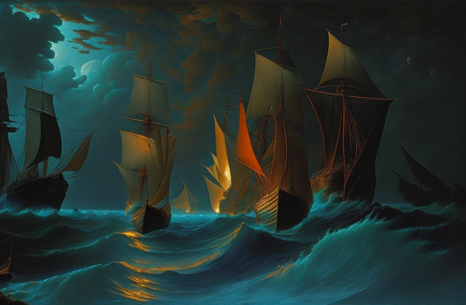 Three tall ships sailing on turbulent seas under a moonlit night sky