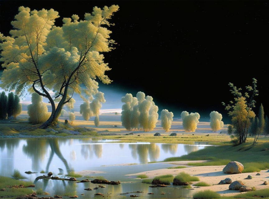 Tranquil landscape with illuminated trees by calm river