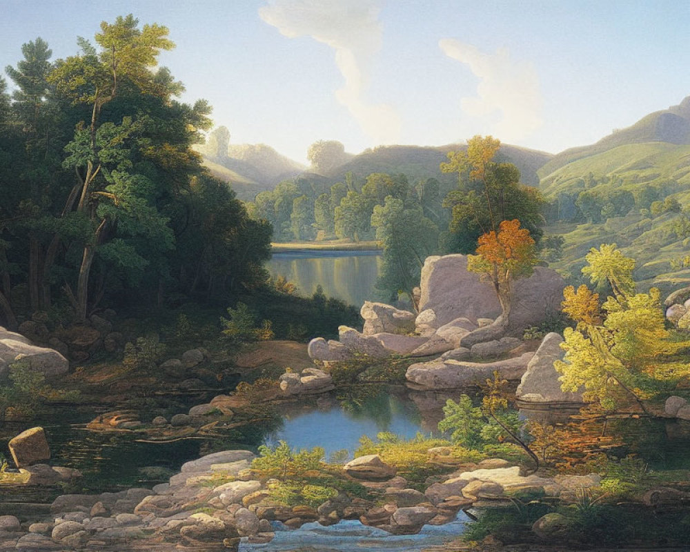 Serene forest lake painting with lush greenery and colorful trees