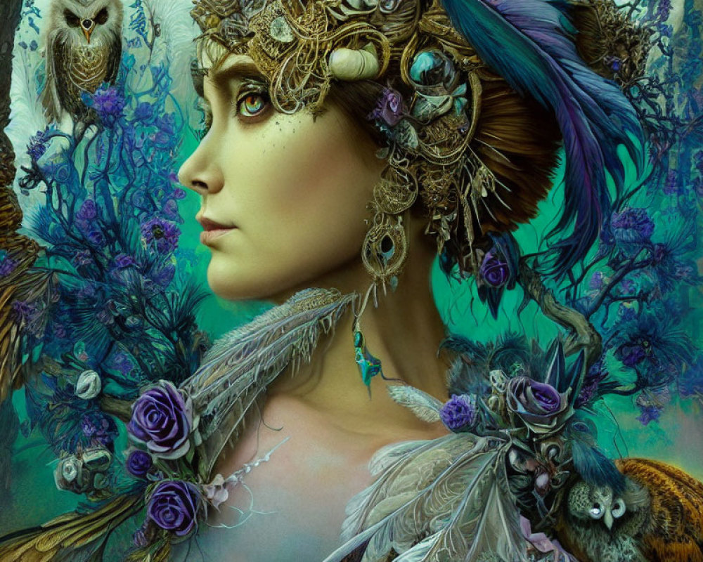 Ethereal portrait of a woman with feathers, gold jewelry, and purple flowers