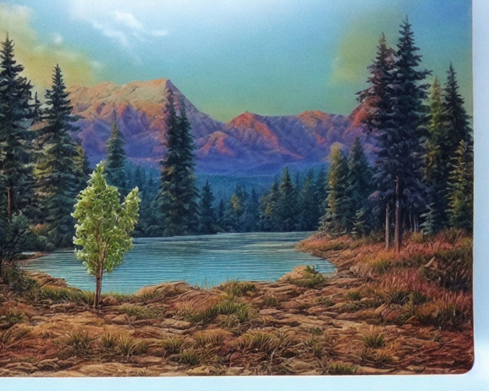 Tranquil Lake Scene with Trees, Purple Mountains, and Cloudy Sky