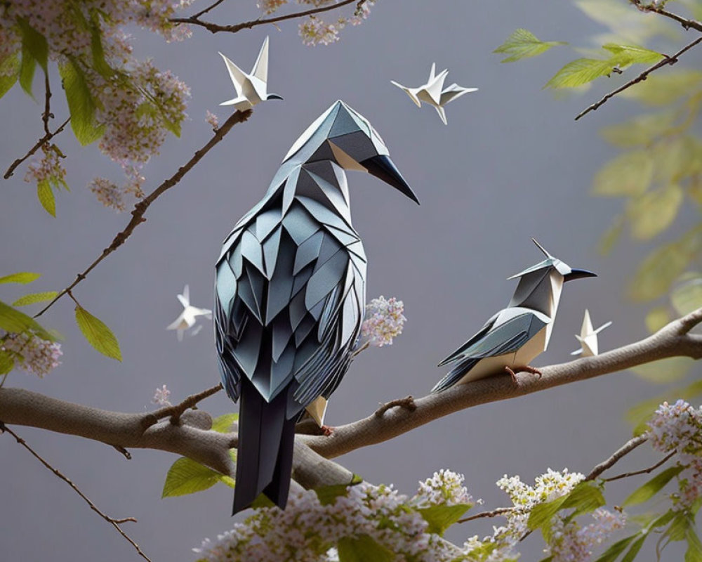 Origami birds and butterflies on branch with blossoms on grey background