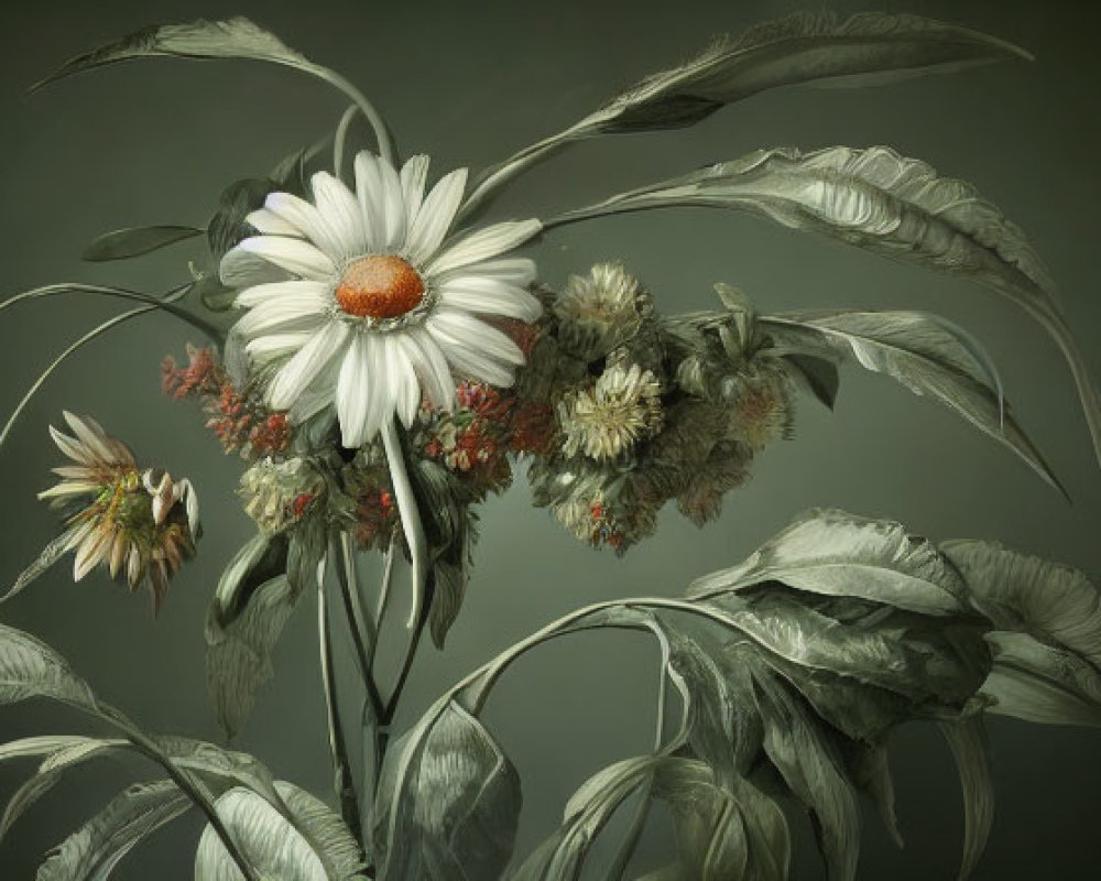 Monochromatic digital art of detailed daisies and flowers on muted greenish-gray background