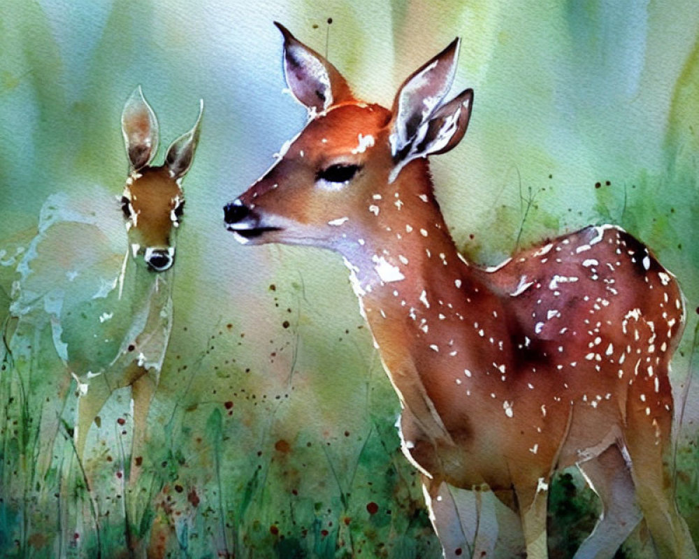 Two deer in a field watercolor painting with focus contrast.