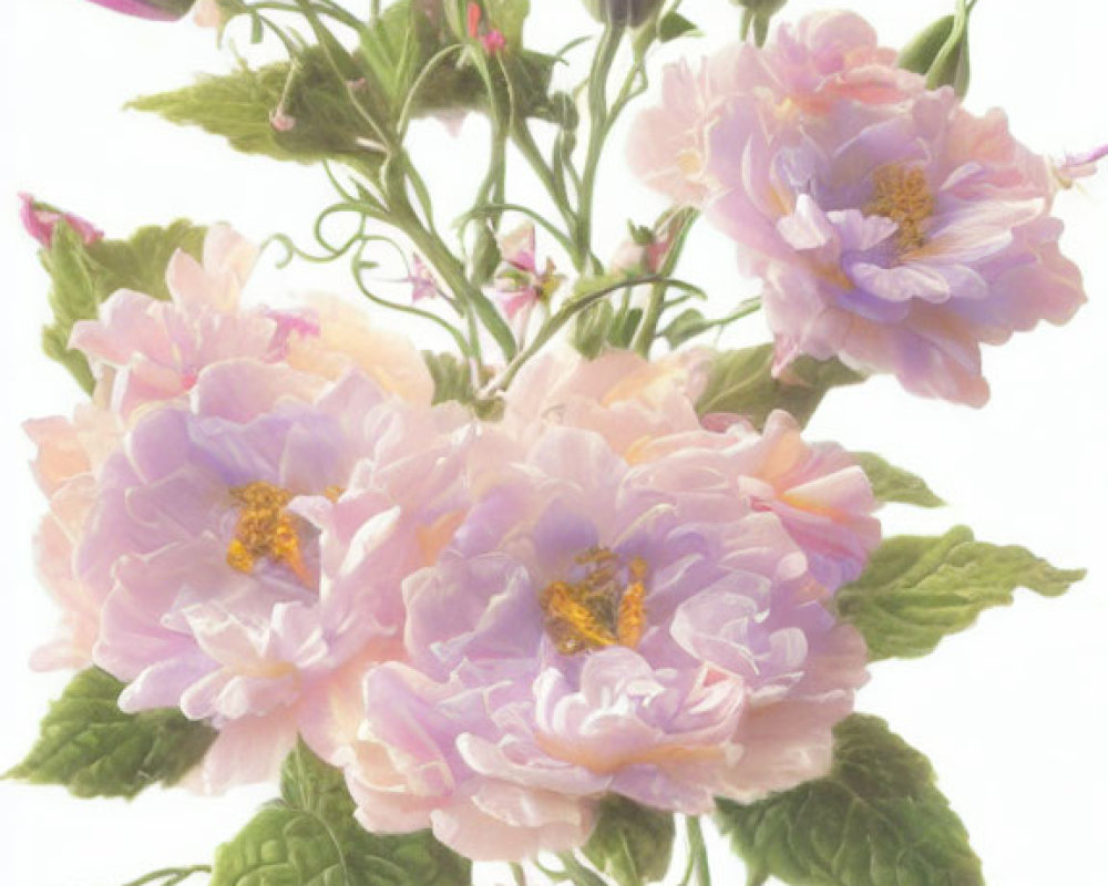 Pastel pink peonies and light purple accents with green leaves on white background
