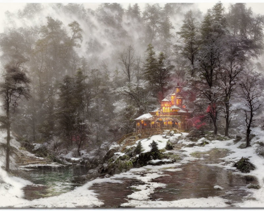 Cozy Cabin in Snowy Forest with Stream, Trees & Mist
