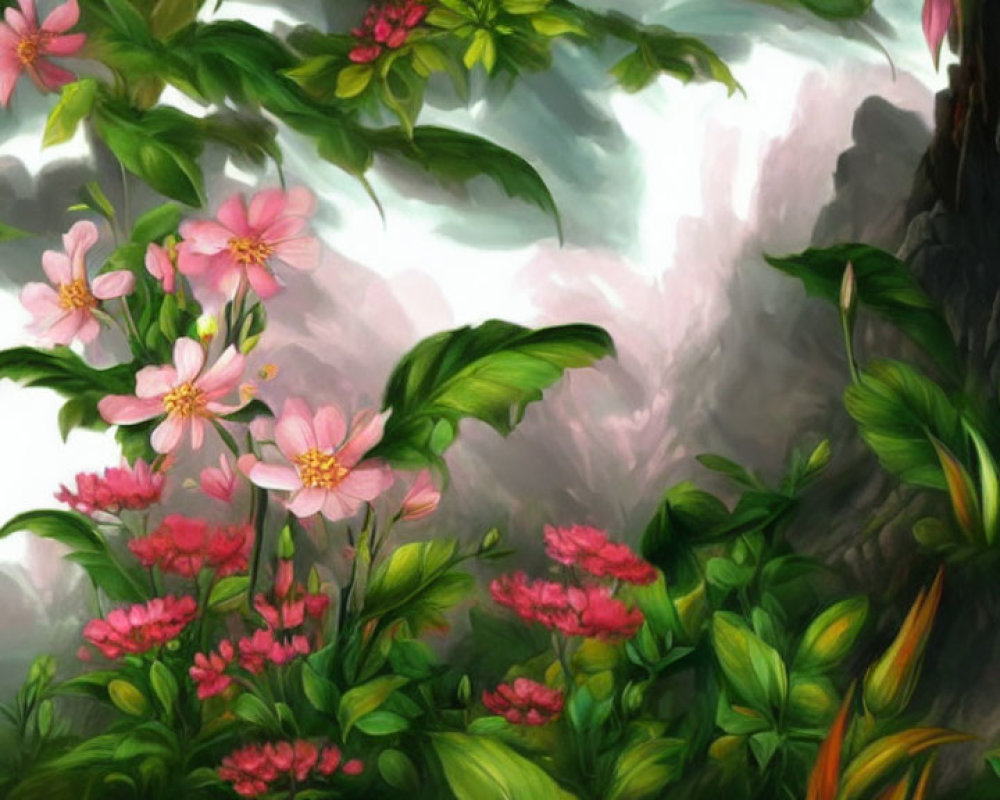 Pink flowers blooming on green foliage with misty cliffs and waterfalls