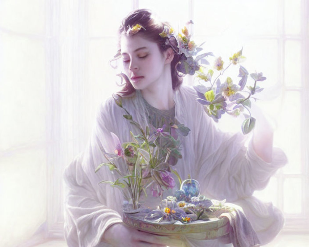 Serene woman in white attire holding bouquet by soft-lit window