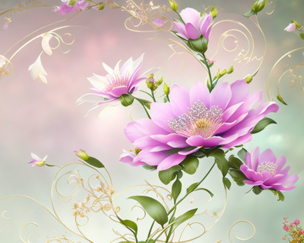 Ethereal pink flowers with gold embellishments on pastel background