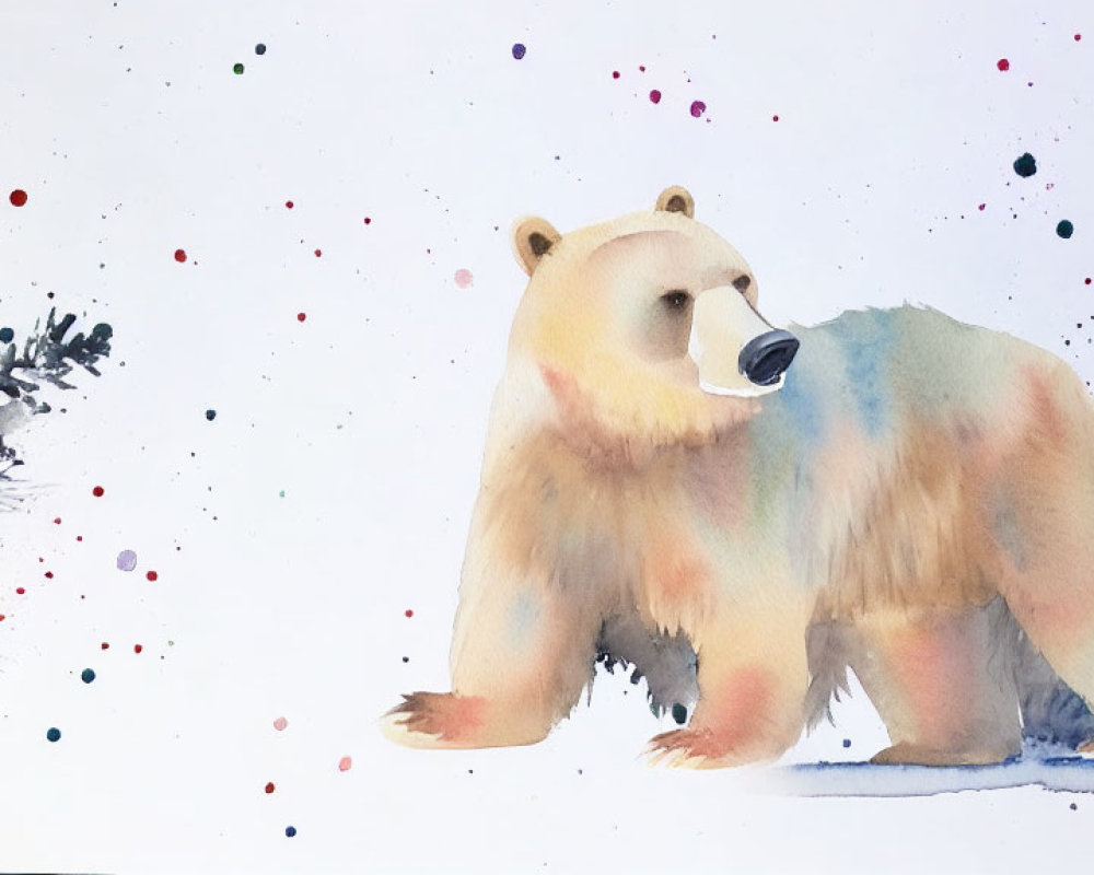 Pastel watercolor painting of bear with colorful splatters on white background