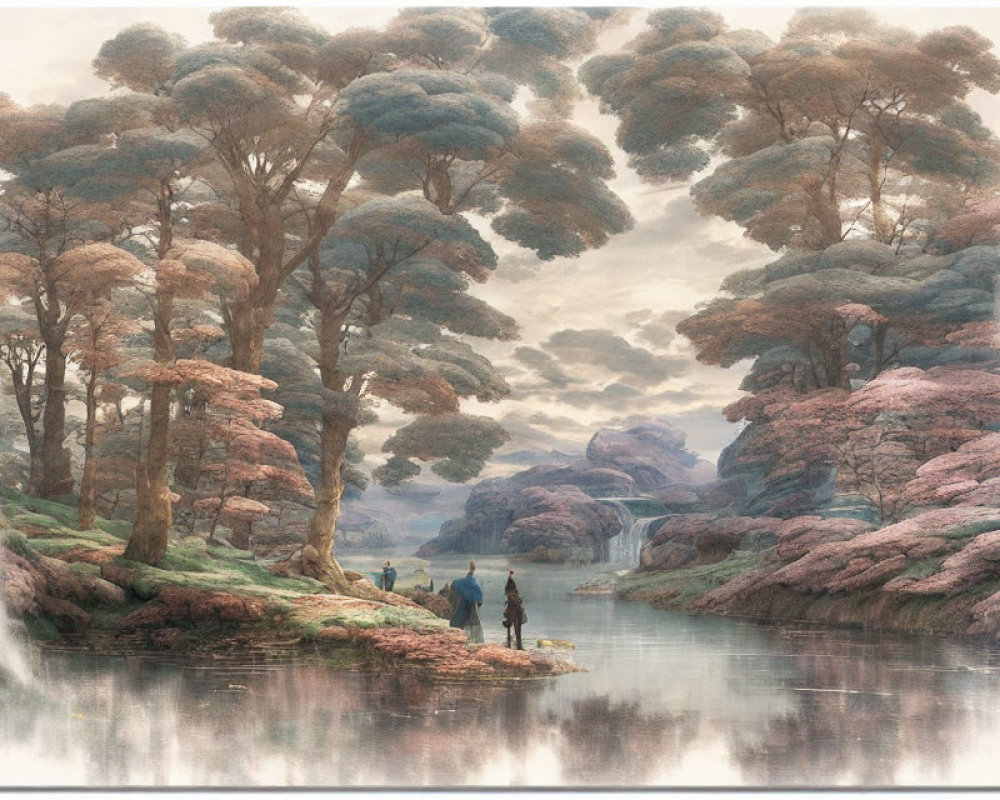 Tranquil landscape with tall trees, calm river, and figures by gentle hills