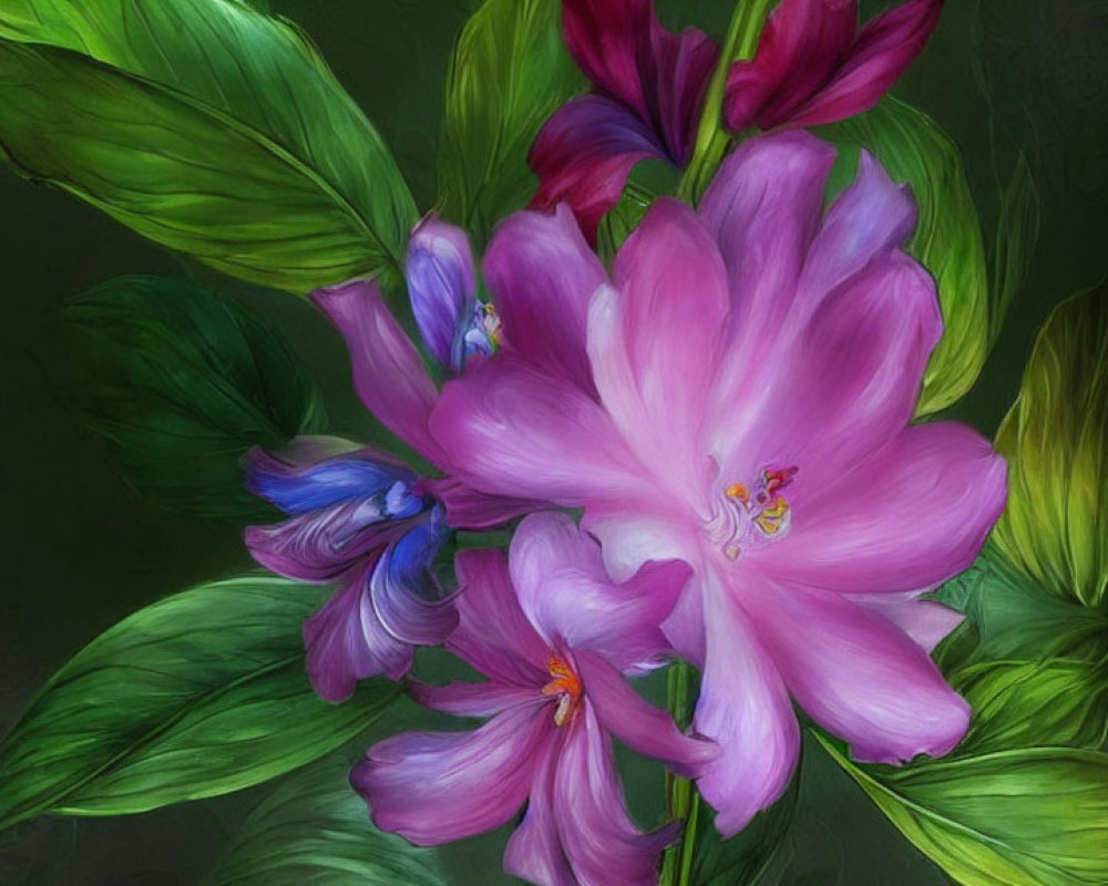 Colorful digital artwork featuring a large pink flower with layered petals, lush green leaves, and small purple