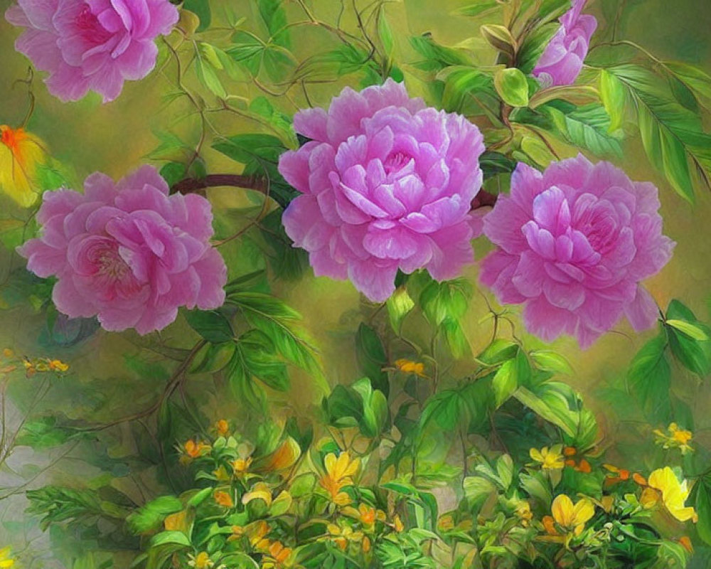 Colorful painting of pink peonies and green foliage with yellow flowers