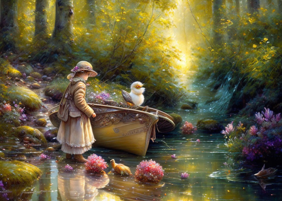 Girl in vintage clothing by canoe in magical forest with white bird and vibrant flora.