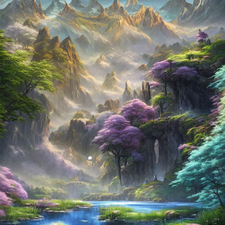 Majestic mountains, lush valleys, blooming trees in serene fantasy landscape