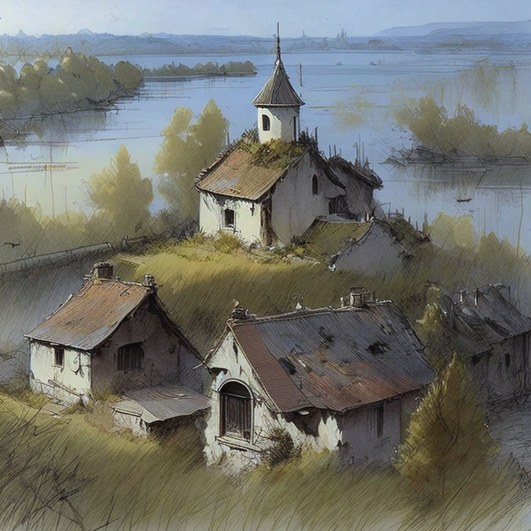 Tranquil river view: rustic hilltop village with small church & stone houses
