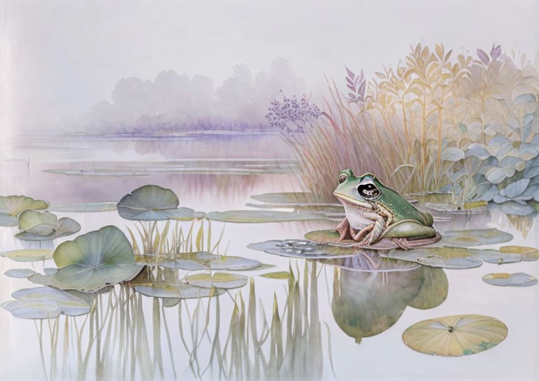 Tranquil frog on lily pad in serene water scene