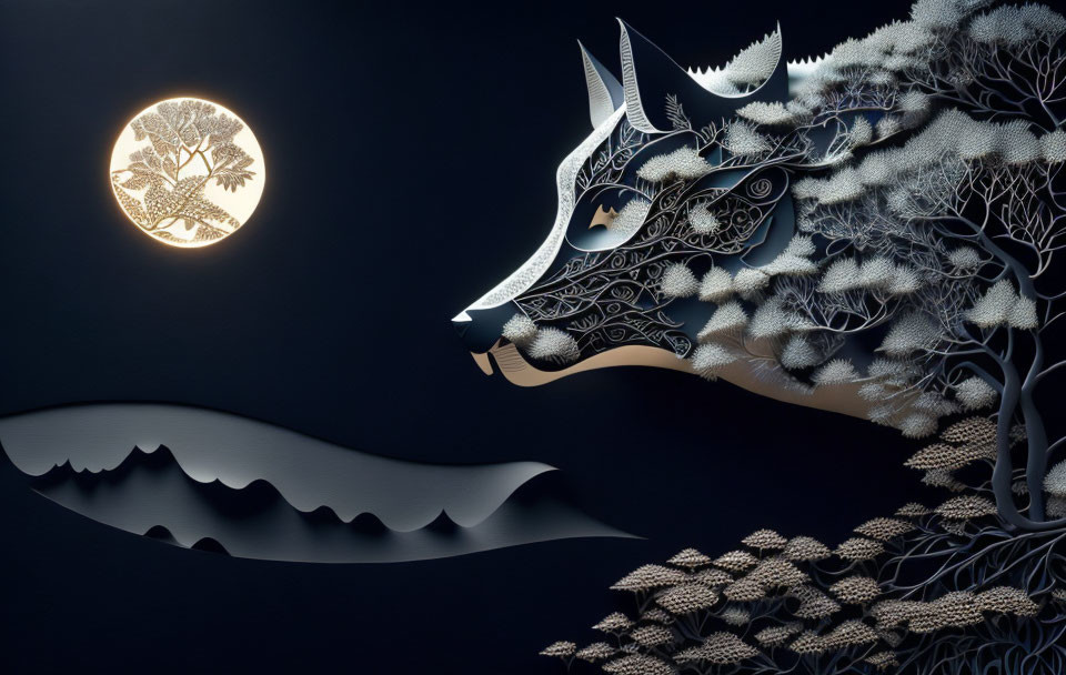 Stylized wolf silhouette with intricate patterns, tree, and full moon.
