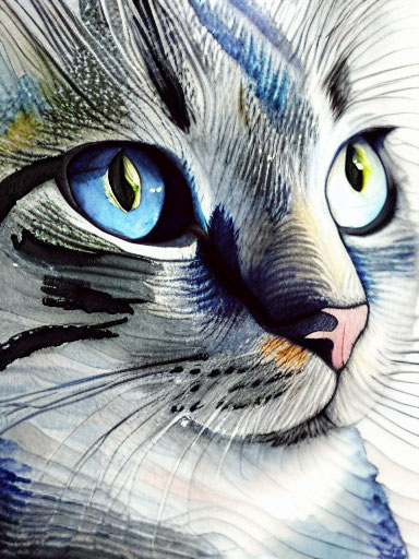 Detailed Watercolor Painting of Cat with Blue Eyes and Fur in Blue and Gray