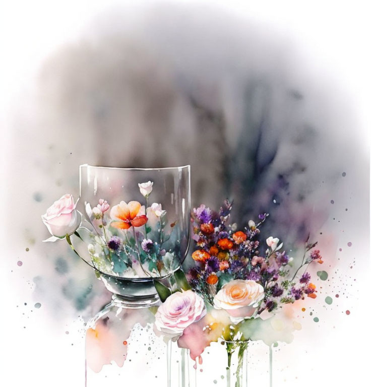 Delicate flowers in transparent vase with soft pastel tones