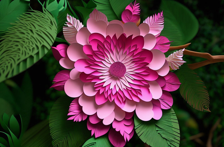 Stylized pink flower with layered petals in lush green tropical setting