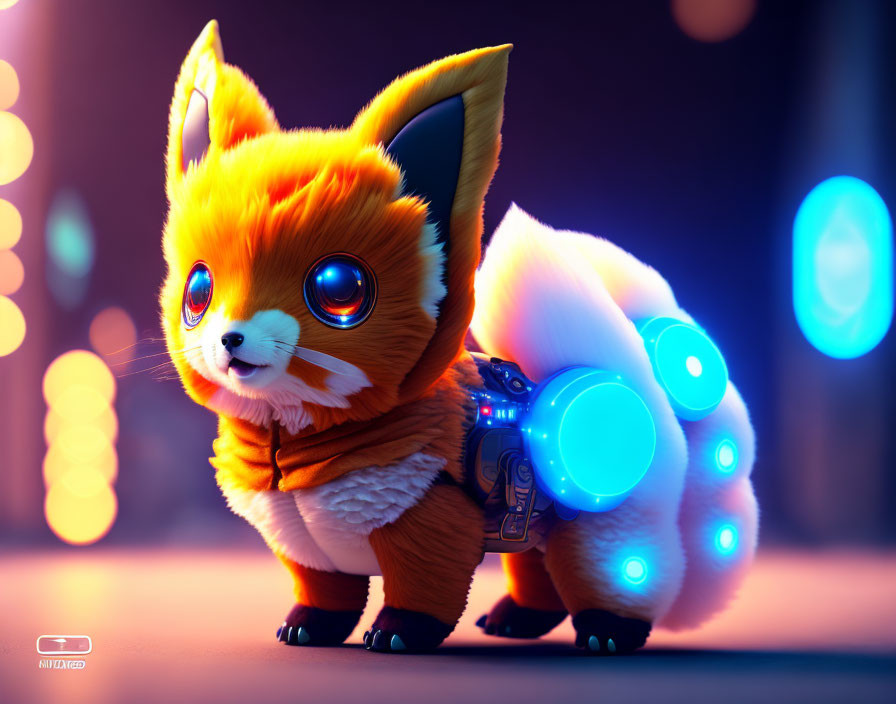 Vibrant orange fox-like creature with futuristic harness on bokeh lights background