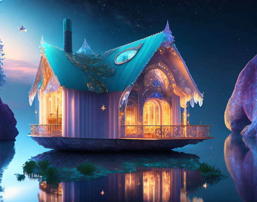 Enchanting fantasy cottage by a glowing lake at night