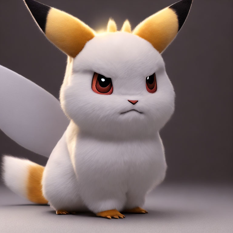 Angry Pikachu 3D Rendering with Pointy Ears and Red Eyes on Gray Gradient